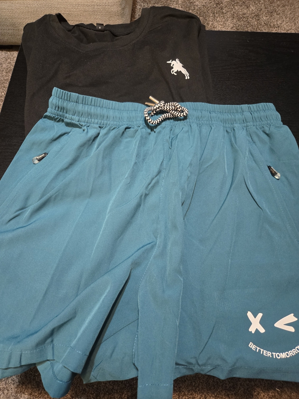 SHEIN Black T-Shirt & Teal Blue Shorts Set